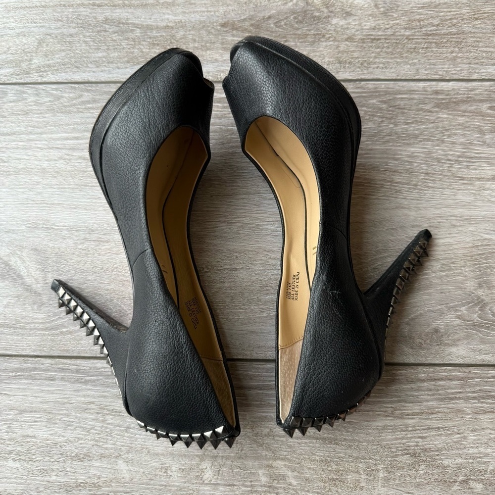 BCBGMAXAZRIA Roxanne Black High All Leather Spikes Heel Peep Toe Rocker Pumps - Picture 12 of 15